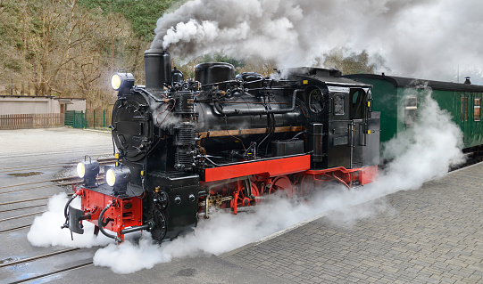 Historical steam train on end station in Gohren, island Rugen, Germany