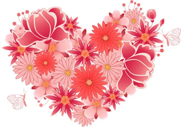 Vector illustration of Heart of  pink and red flowers