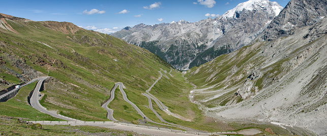 The twisty Passo dello Stelvio (Stelvio Pass) winds its way through the Dolomite mountains in Northern Italy