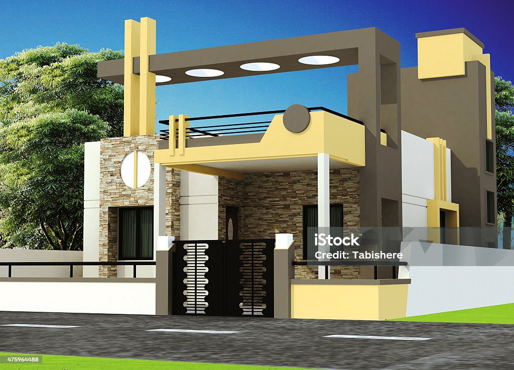 Modern Architecture Design 90 for house/bungalow Beautiful exterior Home/Bungalow design, created in 3D with stunning effects and gorgeous looking colors, sky background , beautiful trees and bushes 2015 Stock Photo