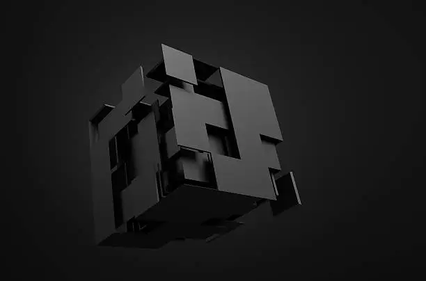 Abstract 3d rendering of flying cube. Sci fi shape in empty space. Futuristic background.