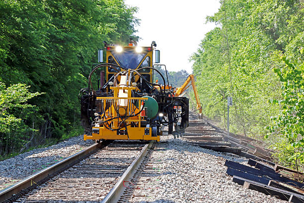 Kyiv Ukraine - April 27 2020:  Technical railway train for the repair of the railway line. Reconstruction of the railway line.