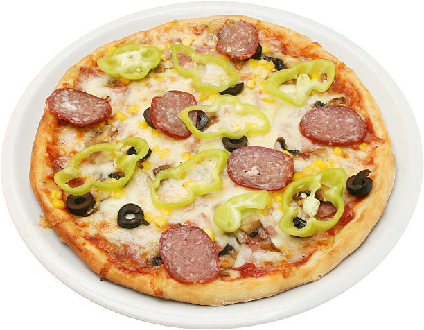 Calabrian Pizza Pizza Calabrese with flat sausage salami bacon cheese and mushrooms isolated large pasta pot stock pictures, royalty-free photos & images