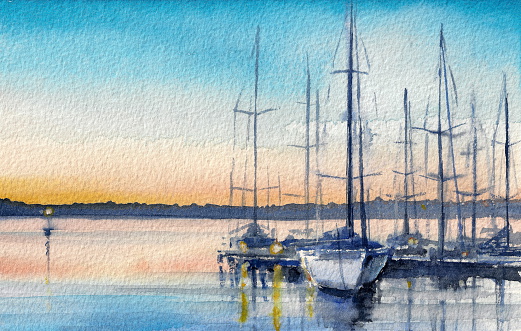 Summer landscape with sailing boats in bay. Picture created with watercolors.