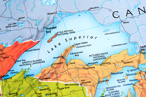 Map of Lake Superior between USA-Canada. Detail from the World Map.