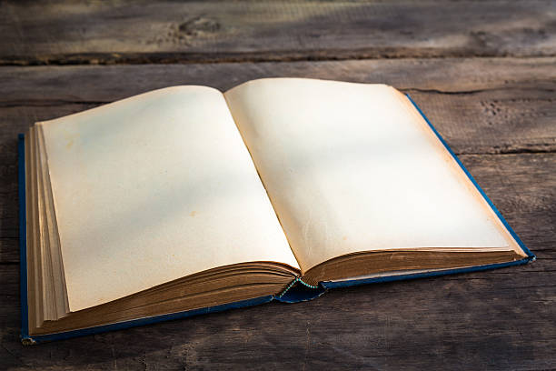 istock Open blank pages of old book on wood background 475989555