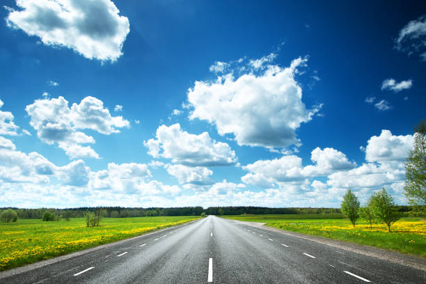 istock Asphalt road and dandelion field 475991868