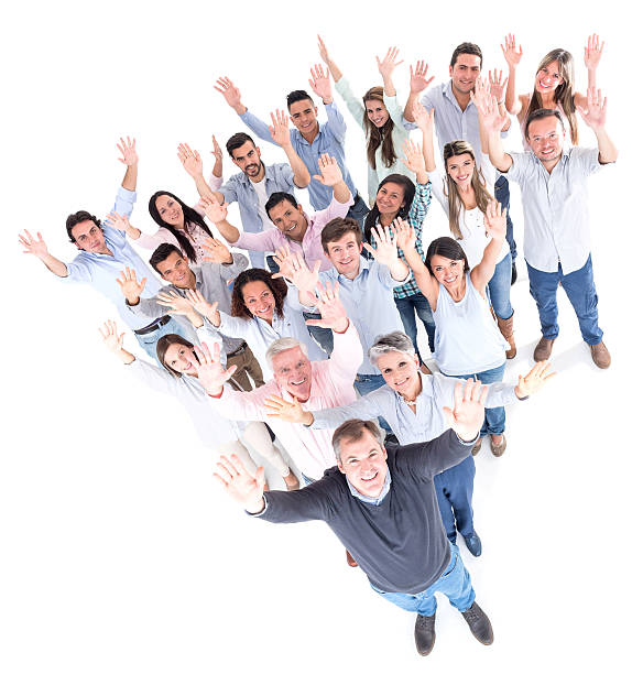 istock Large group of people with arms up 475992060