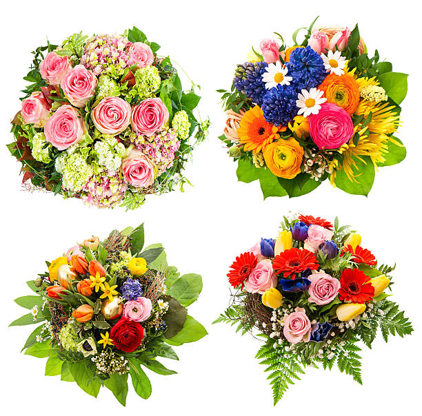istock four colorful flowers bouquet on white 475993913
