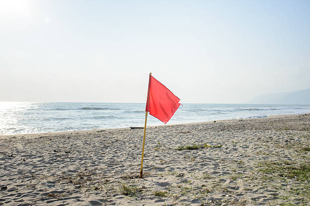 istock Red warning flag on the beach, no swimming 475997438