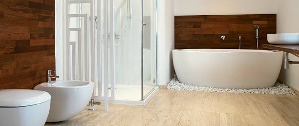istock African style bathroom with exotic wood 475998710