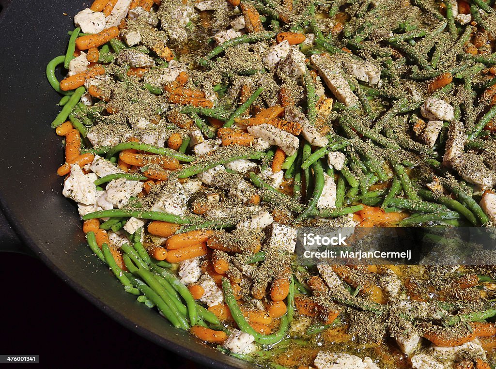 Épices à la provençale, légumes et poulet dans une grande poêle - Photo de Aliment libre de droits