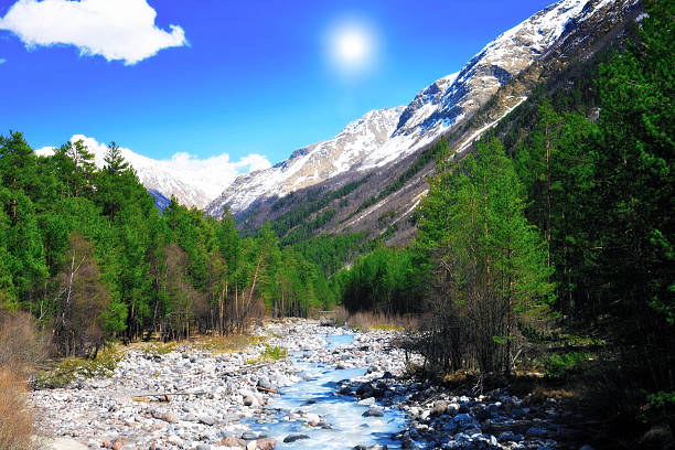 View of the mountains and river into the valley. Elbrus area