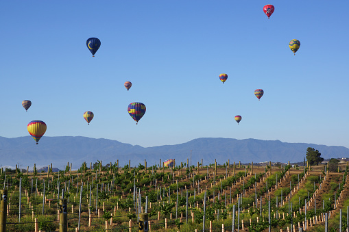 Temecula, California,USA- May 31, 2015. Colorful hot air balloons soar over the Temecula wine country at the 2015 Temecula Balloon and Wine Festival. The Temecula Balloon and Wine Festival takes place in the spring at Lake Skinner  in the Temecula wine country about 2 hours from Los Angeles.