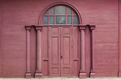 Traditional Crimson Wooden Door Thai
