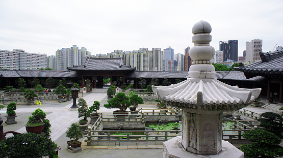Hong Kong, China - April 21, 2015: Chi Lin Nunnery is a large Buddhist temple complex located in Diamond Hill, Kowloon, Hong Kong. Tourists come here for a cultural study of Ancient Chinese Cultures.