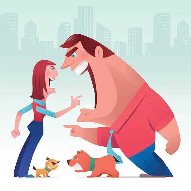 Vector illustration of man and woman arguing with dogs