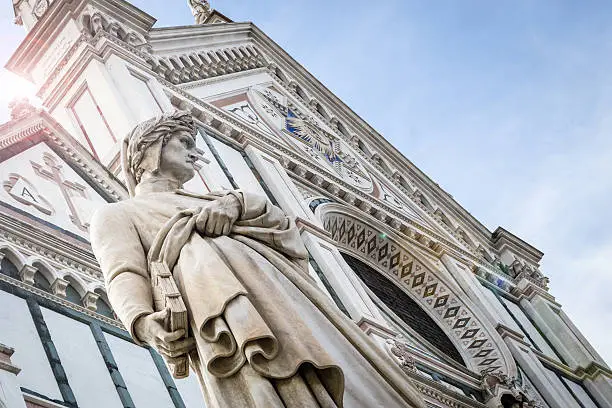 Two symbol of Piazza Santa Croce in Florence, the italian poet Dante Alighieri's Statue and Basilica di Santa Croce, Tuscany.
