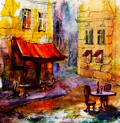 French  outdoor european cafe painting, graphic drawing in color