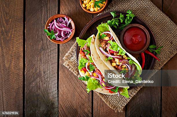 Mexican Tacos With Meat Vegetables And Red Onion Stock Photo - Download Image Now - Taco, 2015, Beef