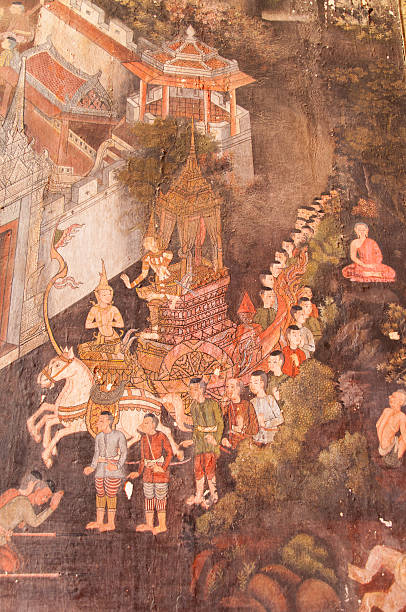istock Ancient Buddhist temple mural detail depicting Thai tale. 476023797