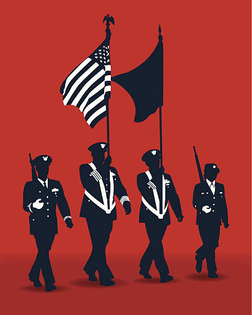military parade soldaten mit amerikanischer flagge - flag bearer stock-grafiken, -clipart, -cartoons und -symbole