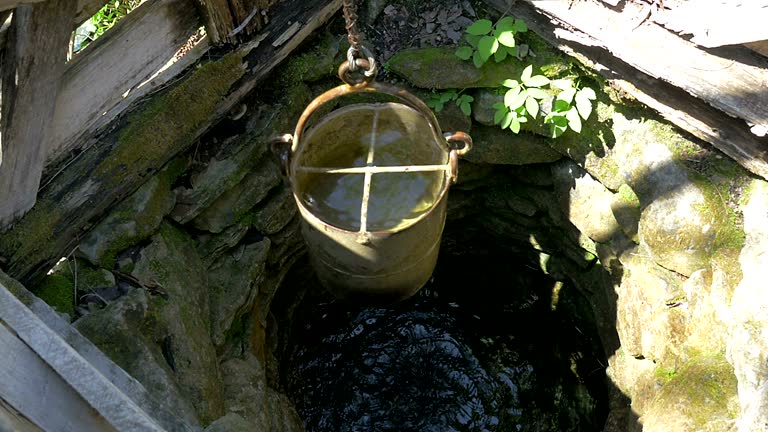 Wonderful old stone well with a bucket full of fresh water rising from it