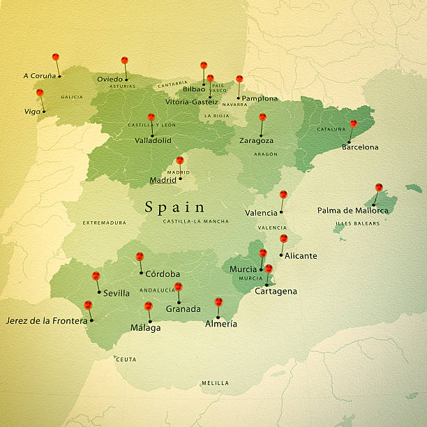 Spain Map Square Cities Straight Pin Vintage 3D Render of a Map of Spain with Straight Pins at the Position of important Cities. Vintage Color Style. Very high resolution available! jerez de la frontera stock pictures, royalty-free photos & images