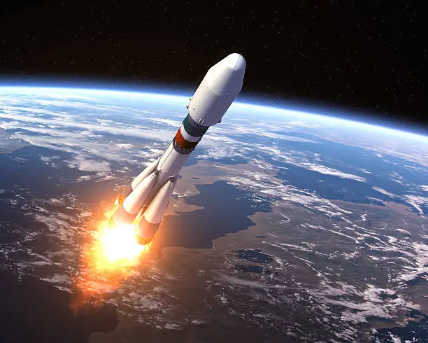 Heavy Carrier Rocket Launch. 3D Scene. Elements of this image furnished by NASA. 