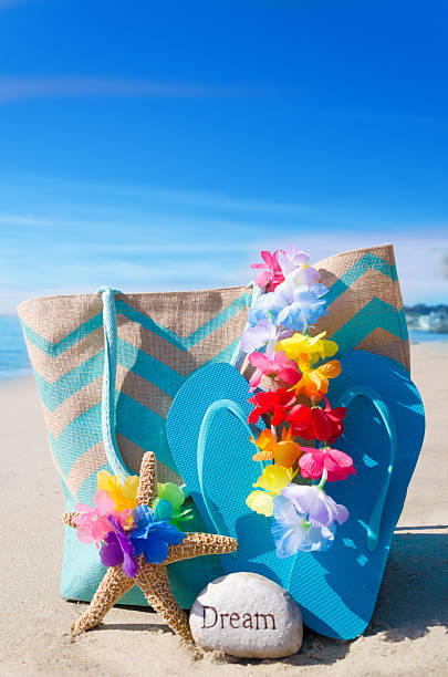 istock Beach bag with flip flops by the ocean 476030037