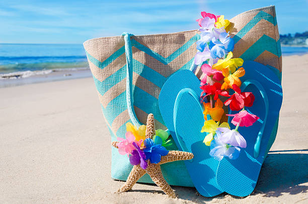 istock Beach bag with flip flops by the ocean 476030043