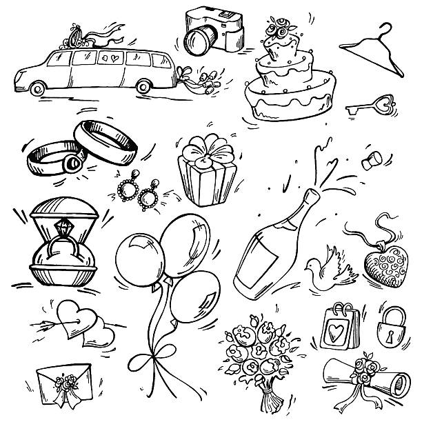 Set of wedding icon Set of wedding icon Pen sketch converted to vectors. bunch of flowers photos stock illustrations
