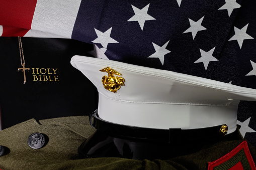 United States Marine Corps American Faith and Spirit with Bible and American Flag Background