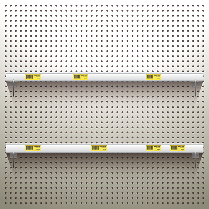 White Pegboard in workshop Background with shelves and price tags