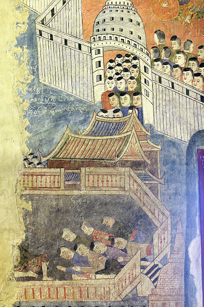 istock Ancient Buddhist temple mural depicting a Thai daily life scene 476032389