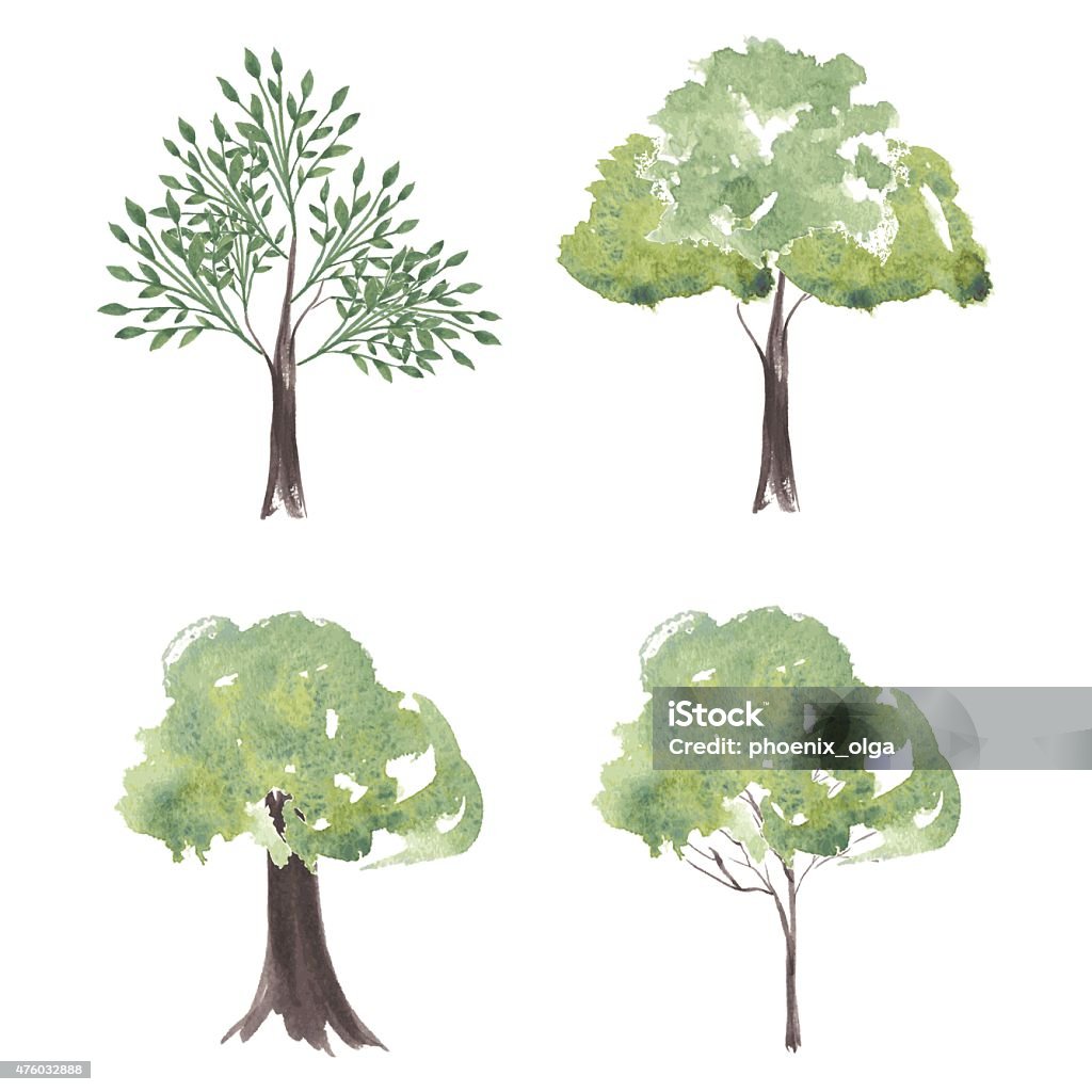 Vector set of watercolor trees. Different Silhouettes Trees Vector set of watercolor trees. Different Silhouettes Trees of Landscape. Nature for your design. Eco Tree Grunge Natural Vector Concept on a isolated backroup Tree stock vector