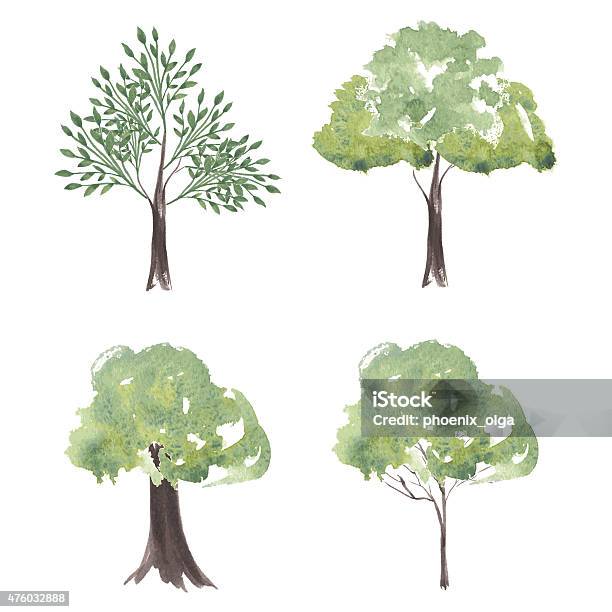 Vector Set Of Watercolor Trees Different Silhouettes Trees Stock Illustration - Download Image Now