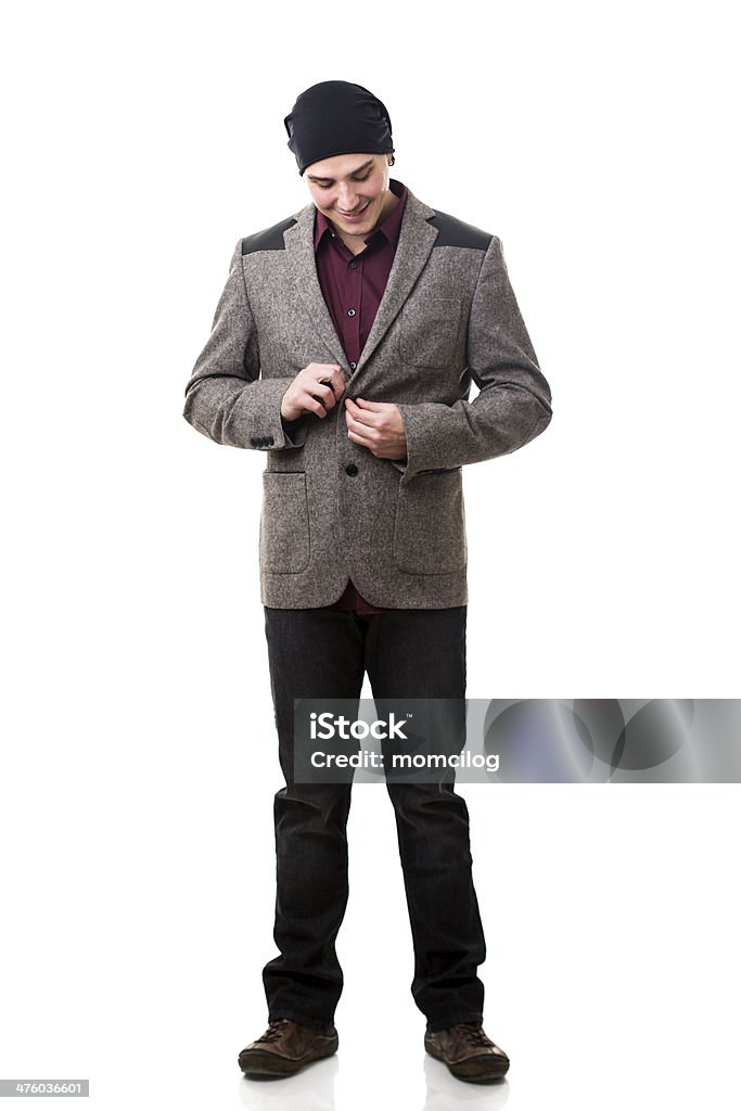 Happy male standing Portrait of casual young caucasian man smiling. Fashionable Stock Photo