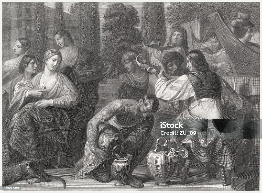 Wedding at Cana, by Alessandro Varotari, steel engraving, published 1860 Steel engraving after a detail from the wall painting (1622) by Alessandro Varotari, also Padovanino (Italian painter, 1588 - 1649) in the Gallerie dell'Accademia, Venize. Published in 1860. Wedding stock illustration