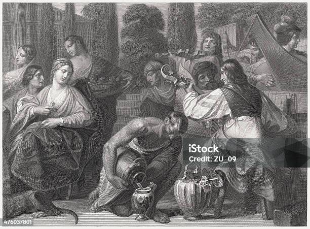 Wedding At Cana By Alessandro Varotari Steel Engraving Published 1860 Stock Illustration - Download Image Now
