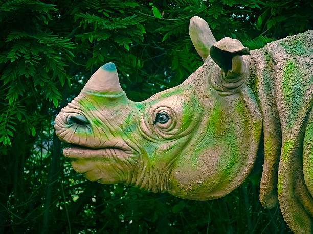 Close-up of rhino against light sandy ground. Rhinoceros have a poor sense of sight. That's why they often raising their heads and sniffing the air.