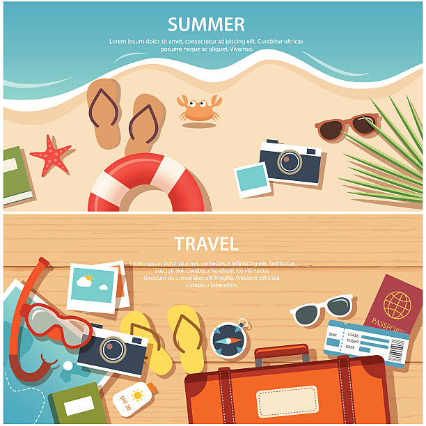ilustraciones, imágenes clip art, dibujos animados e iconos de stock de verano y viajes con banner plantilla - lugar turístico