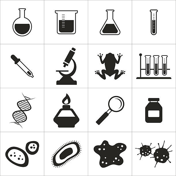 ilustrações de stock, clip art, desenhos animados e ícones de de química, biologia conjunto de ícones - microscope science healthcare and medicine isolated