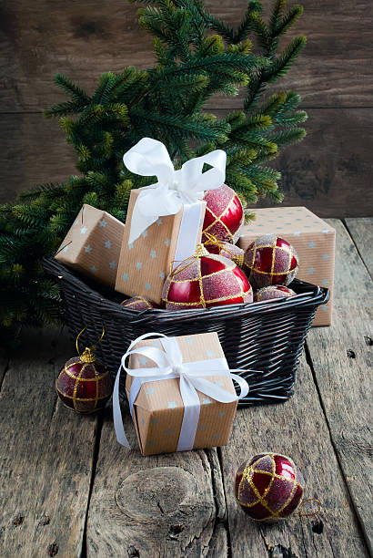 istock Bright Christmas Card with Red Balls and Boxes 476049179