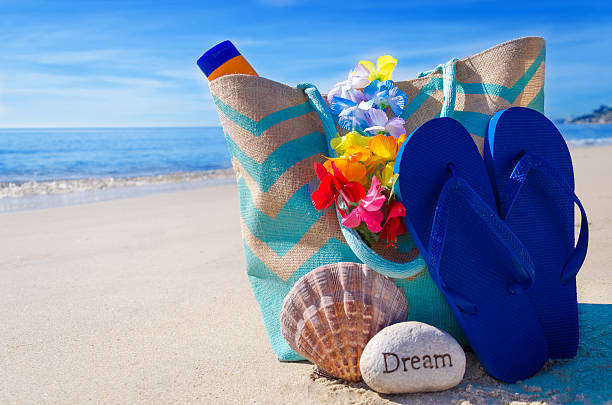 istock Beach bag with flip flops by the ocean 476065053