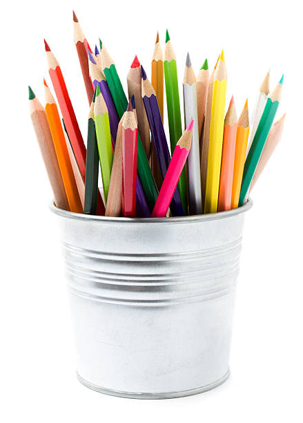 istock Colorful pencils in pail isolated on white background, 476076787