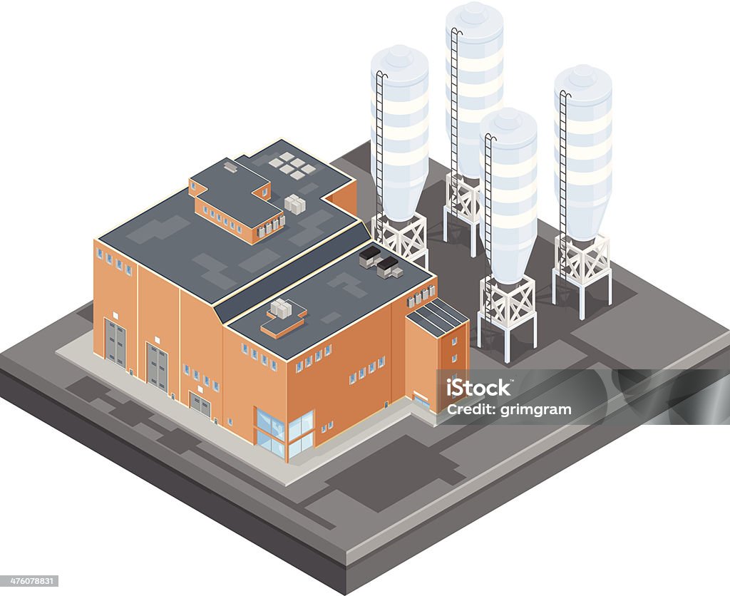 Isometric Manufacturing plant Factory A vector illustration of a large factory complex that has silo storage. Isometric Projection stock vector