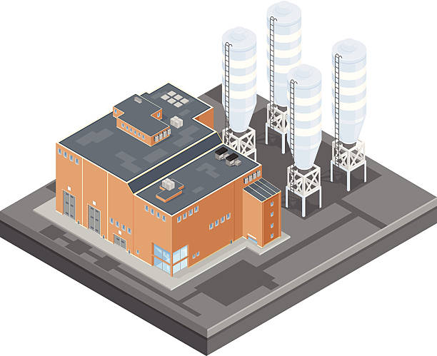 Isometric Manufacturing plant Factory A vector illustration of a large factory complex that has silo storage. cement factory stock illustrations