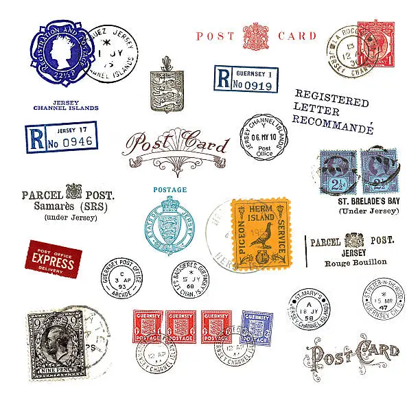 Postage stamps and  labels from the Channel Islands, mostly vintage ,showing airmail motifs and national symbols