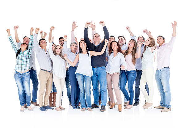 istock Large group of people celebrating with arms up 476083256